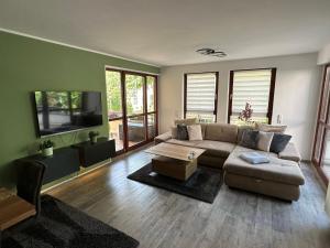 a living room with a couch and a tv at FHV01 - Ferienwohnung 100m² 6 Personen Garten und Terrasse 2x WC in Taucha