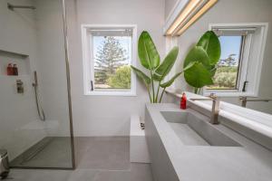 La salle de bains est pourvue d'un lavabo et d'une grande plante. dans l'établissement BlueGreen Villa, à Karteros