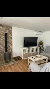 sala de estar con TV, sofá y chimenea en Finca el atardecer- Apartamento El Peral, en Los Santos de Maimona