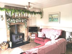 a living room with a couch and a fireplace at New Listing - Ladybird Cottage - Donegal - Wild Atlantic Way in Donegal
