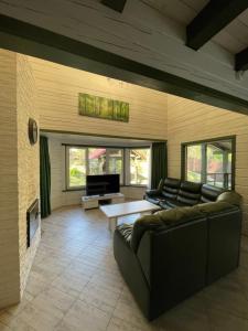 a living room with a couch and a fireplace at Greenhousevip in Voropayev