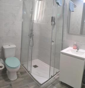 a bathroom with a shower and a toilet and a sink at Four Rooms in Valencia