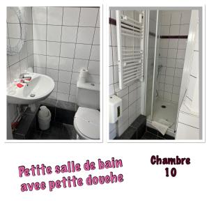 twee foto's van een badkamer met toilet en wastafel bij Le Crist'Al Hôtel de charme en bord de mer in Saint-Georges-de-Didonne