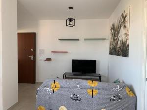 1 dormitorio con 1 cama y TV en la pared en Terrace ini en Terrasini Favarotta