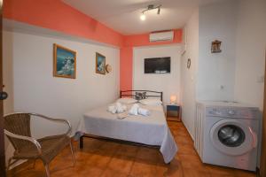 1 dormitorio con 1 cama y lavadora en Studio rene 4, en Tinos
