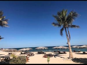 a beach with chairs and umbrellas and the ocean at Beach front Le Bon villa in Muscat