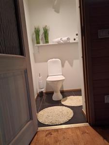 baño con aseo y 2 alfombras en el suelo en Cosy guesthouse with sauna and outdoor kitchen, en Kuressaare