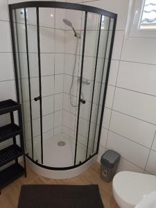 a shower stall in a bathroom with a toilet at R&R Mielno Domki Letniskowe in Mielno