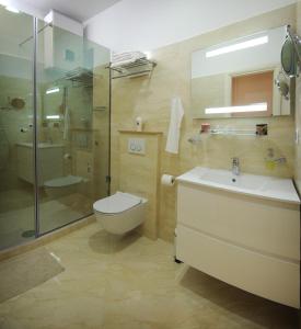 a bathroom with a toilet and a sink and a shower at Apartments Felicitas in Split