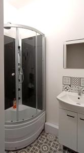 a bathroom with a shower and a sink at Prywatny pokój w sercu Warszawy in Warsaw