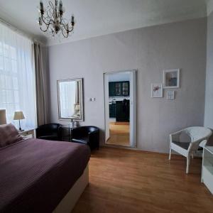 - une chambre avec un lit et un grand miroir dans l'établissement Apartment Karolina, à Prague