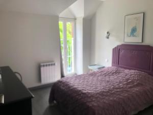 ChâteauvieuxにあるLa maison des cavesのベッドルーム(紫色のベッド1台、窓付)
