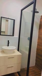 a bathroom with a sink and a mirror at Verano Azul Loft in Puerto López