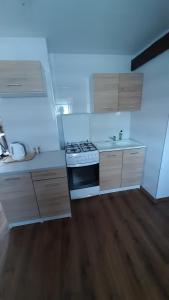 a small kitchen with a stove and a sink at Apartament Pod Dębem in Żarnowska