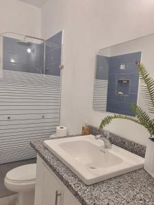 a bathroom with a sink and a toilet and a mirror at Hermosa casa en Cabarete, Villa Esperanza in Cabarete