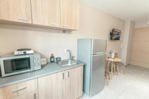 a kitchen with a stainless steel refrigerator and a microwave at Old Town Elpis Suite in Kos Town