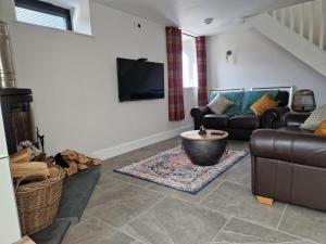 a living room with a couch and a tv at The Old Pig Sty in Llanellen