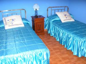 2 camas en una habitación con paredes azules en La Mina de Viñon, en Viñón