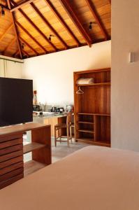 a living room with a television and a kitchen at Lofts Villa Gratiam in Tiradentes