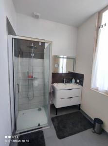 ein weißes Bad mit einer Dusche und einem Waschbecken in der Unterkunft Maison Mathilde et Simone in Andernos-les-Bains