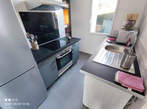 eine kleine Küche mit Spüle und Kühlschrank in der Unterkunft Maison Mathilde et Simone in Andernos-les-Bains