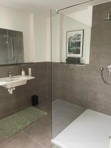 a bathroom with a glass shower and a sink at Kempten mit Bauernhof-Flair in Kempten