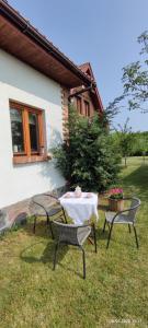 a table and two chairs in the yard of a house at Dom Gościnny nad Śniardwami w Niedźwiedzim Rogu in Niedźwiedzi Róg