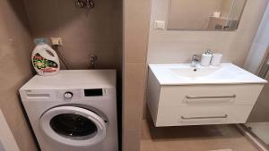 a small bathroom with a washing machine and a sink at Hanioti Beach Front Apartments in Hanioti
