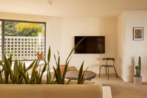 a living room with a tv and a plant at SELVA by DW in Fajardo