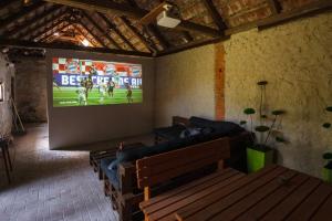 a living room with a screen with a soccer game at Chalupa Kámen in Pacov