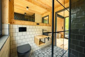 a bathroom with a toilet and a sink at Baumhausapartment in Breuberg