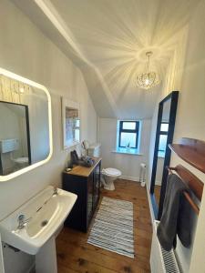 a bathroom with a sink and a toilet and a mirror at Foxy View in Dingle Town! in Dingle