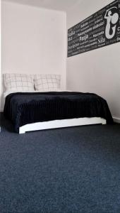 a bedroom with a bed with a black blanket at Przytulny prywatny pokój w centrum Pokój 1 in Warsaw