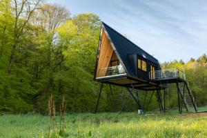 a tiny house on a stand in a field at Baumhausapartment in Breuberg