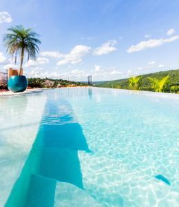 uma piscina com uma palmeira no meio em Vila Pugliesi Hotel Boutique em Lençóis