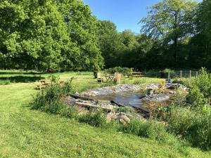 a garden with a pond in a field at Vigo Retreat cabin 1 in Sevenoaks