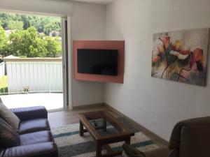 a living room with a couch and a tv on a wall at Escapade Vallée du Doux in Tournon-sur-Rhône