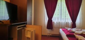 een kamer met een bed, een televisie en een raam bij Pensiunea Cezar-Codrin in Cheia