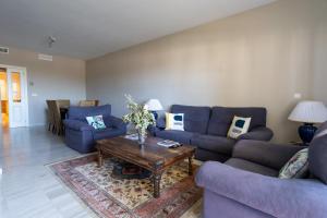 ein Wohnzimmer mit blauen Sofas und einem Couchtisch in der Unterkunft Seaview and big terrace Cabopino in Marbella