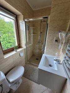 a bathroom with a shower and a toilet and a sink at Willa Beskidzka in Myślenice +35 photos
