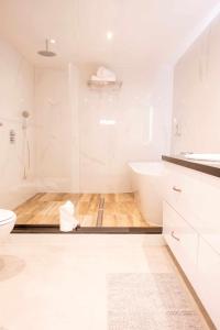 ein Badezimmer mit Dusche, Toilette und Waschbecken in der Unterkunft Luxury Apartments Sabi Waikiki con garaje in Corralejo + 19 Fotos