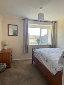 a bedroom with a bed and a large window at Little Stone Farm Cottage in South Molton