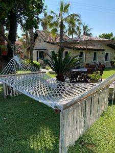 a hammock in a yard in front of a house at Ktima Zotos luxury exotic cottage in Agria