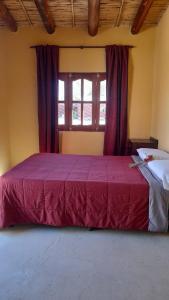 a bedroom with a large red bed with a window at El Convento de Tilcara in Tilcara