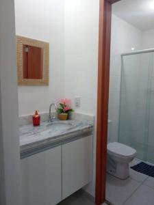 uma casa de banho com um lavatório e um WC em Kitnet à 300 metros da Canção Nova em Cachoeira Paulista
