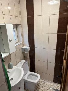 a small bathroom with a toilet and a sink at Tiny Traditional House in Bucharest +3 photos