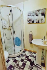 a bathroom with a shower and a sink at Studio in the heart of Kirkwall in Orkney