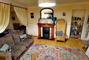 a living room with a couch and a fireplace at Studio in the heart of Kirkwall in Orkney
