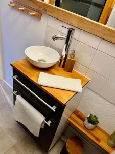 a bathroom with a sink and a white bowl at Rochecorbon - Bouchon de Loire in Rochecorbon