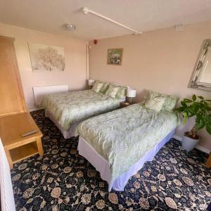 a bedroom with two beds and a plant in it at Shepherds Gate at The Royal Oak Much Marcle in Preston